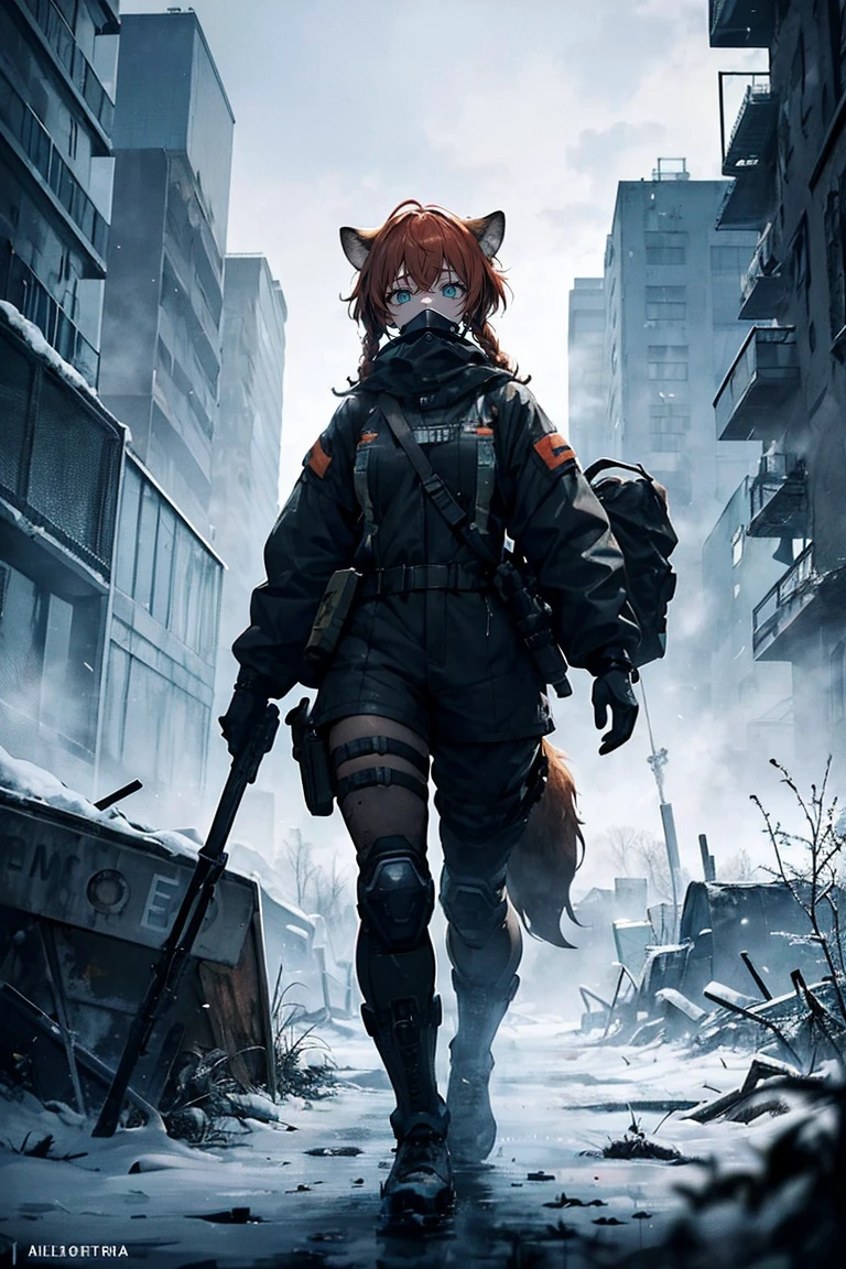 A post-apocalyptic scene in the Chernobyl exclusion zone. The sky is overcast with thick, dark clouds and occasional silent lightning. The environment is cold with a persistent, dense fog and radioactive snow covering parts of the ground, emitting a faint eerie glow. In the foreground, a female character stands near a dilapidated building. She has long, reddish-orange hair tied in a braid, wearing a high-tech gas mask with multiple filters and transparent lenses showing her determined eyes. Her full-body protective suit, made of kevlar-like material, is primarily gray with turquoise details, including integrated armor plates with metallic edges on her chest. She wears thick gloves and reinforced high boots designed for rough terrain. Around her waist and legs are pockets and straps for carrying tools and small equipment. In her hands, she is holding a birthday cake with the number 10 written on it in glowing candles, celebrating the tenth anniversary. The background features the iconic Ferris wheel of Pripyat, rusted and decayed, alongside an overgrown amusement park. The damaged sarcophagus of the reactor is visible in the distance, with greenish radioactive hot spots glowing faintly. Abandoned vehicles and decontamination machinery are scattered around, all covered in rust and ash. Mutated animals, like oversized deer and distorted wolves, occasionally move through the scene. The silence is punctuated by the howls of these creatures and the crunching of vegetation under the weight of the snow. Small survival fires provide a warm glow against the cold, desolate landscape.
