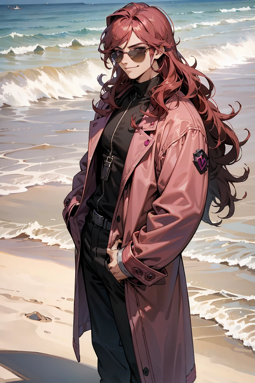 1male, Young Adult, Dark Red Hair, Light Pink Hair, , Muscular, Curly Hair, Two Toned Hair, Sunglasses, Magenta Colored Eyes, Smirk, Standing On Beach, Purple Coat, Long Hair