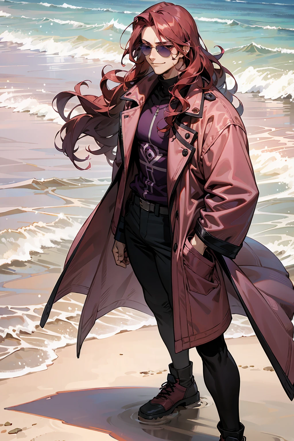 1male, Young Adult, Dark Red Hair, Light Pink Hair, , Muscular, Curly Hair, Two Toned Hair, Sunglasses, Magenta Colored Eyes, Smirk, Standing On Beach, Purple Coat, Long Hair