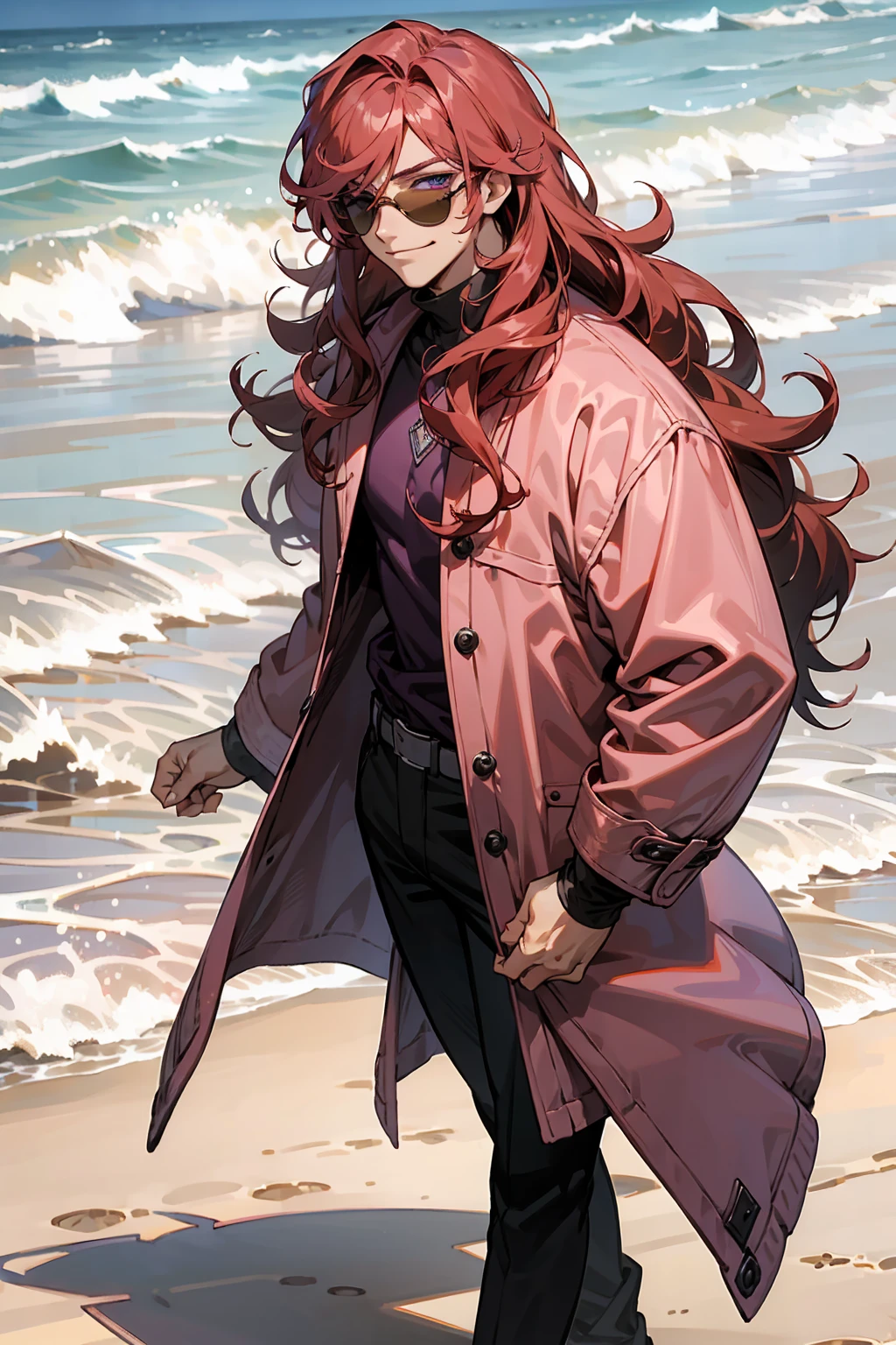 1male, Young Adult, Dark Red Hair, Light Pink Hair, , Muscular, Curly Hair, Two Toned Hair, Sunglasses, Magenta Colored Eyes, Smirk, Standing On Beach, Purple Coat, Long Hair