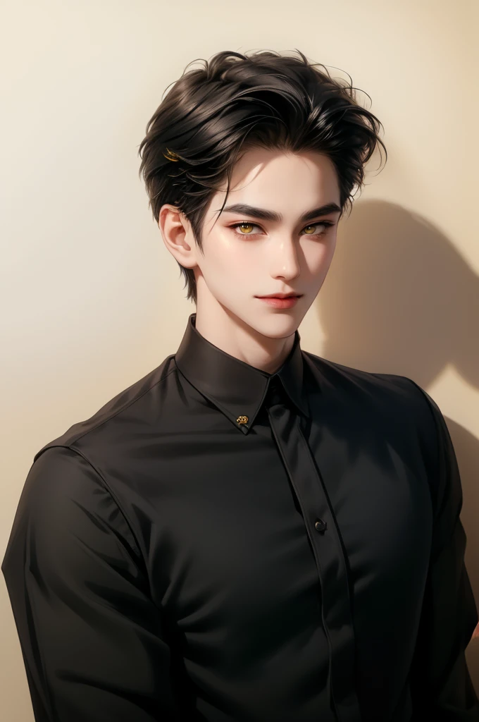 (masterpiece,best quality,ultra_detailed,highres,absurdres) (detailed shadow) (quality light),1 mature male, 21 years old, korean male focus, solo, short black hair, (yellow eyes), simple background, full body, looking at viewer, parted lips, round eyewear, open black shirt, long sleeves, showing a bit of muscles, smirk smile face.