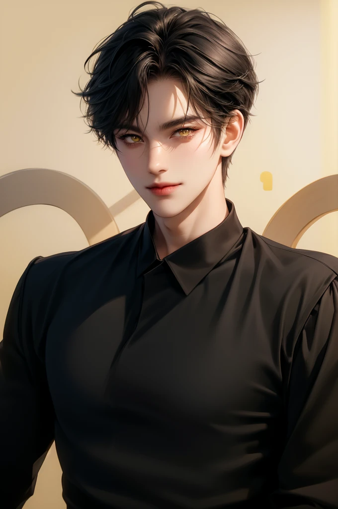 (masterpiece,best quality,ultra_detailed,highres,absurdres) (detailed shadow) (quality light),1 mature male, 21 years old, korean male focus, solo, short black hair, (yellow eyes), simple background, full body, looking at viewer, parted lips, round eyewear, open black shirt, long sleeves, showing a bit of muscles, smirk smile face.
