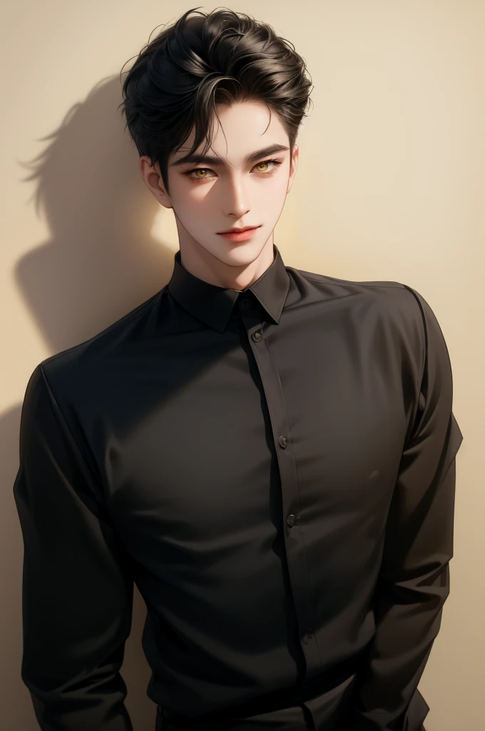 (masterpiece,best quality,ultra_detailed,highres,absurdres) (detailed shadow) (quality light),1 mature male, 21 years old, korean male focus, solo, short black hair, (yellow eyes), simple background, full body, looking at viewer, parted lips, round eyewear, open black shirt, long sleeves, showing a bit of muscles, smirk smile face.
