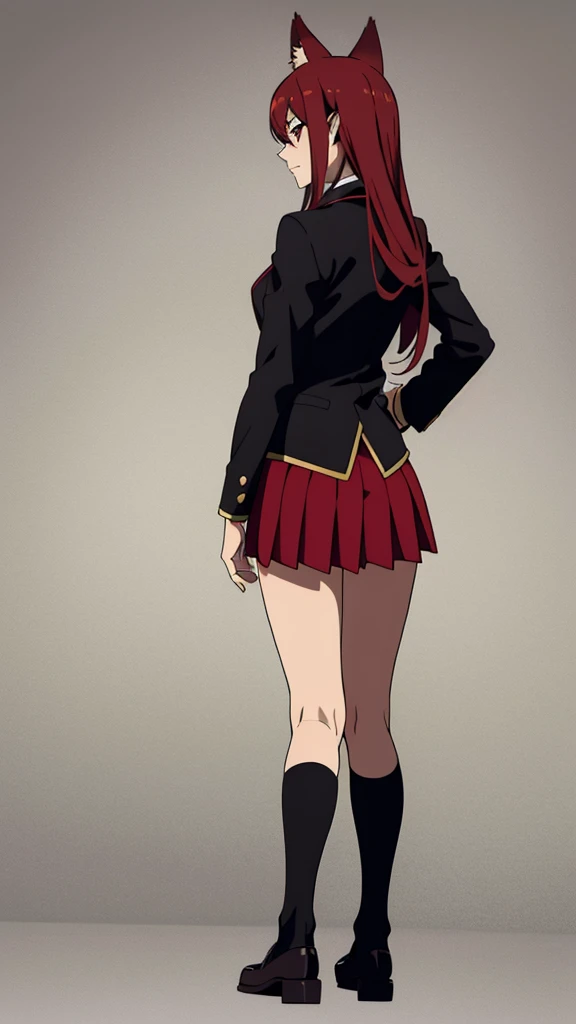 1girl ,20s,mature female,serious face,solo,red hair,red eyes,long hair,fox ears,hair between eyes,(simple background),necktie,black jacket, blazer,long sleeves,pleated skirt,full body,from back,(looking back),walking,looking at view