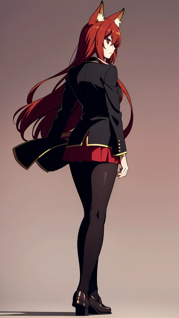 1girl ,20s,mature female,serious face,solo,red hair,red eyes,long hair,fox ears,hair between eyes,(simple background),necktie,black jacket, blazer,long sleeves,pleated skirt,full body,from back,(looking back),walking,looking at view