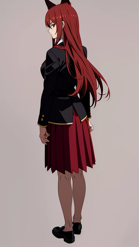 1girl ,20s,mature female,serious face,solo,red hair,red eyes,long hair,fox ears,hair between eyes,(simple background),necktie,black jacket, blazer,long sleeves,pleated skirt,full body,from back,(looking back),walking,looking at view