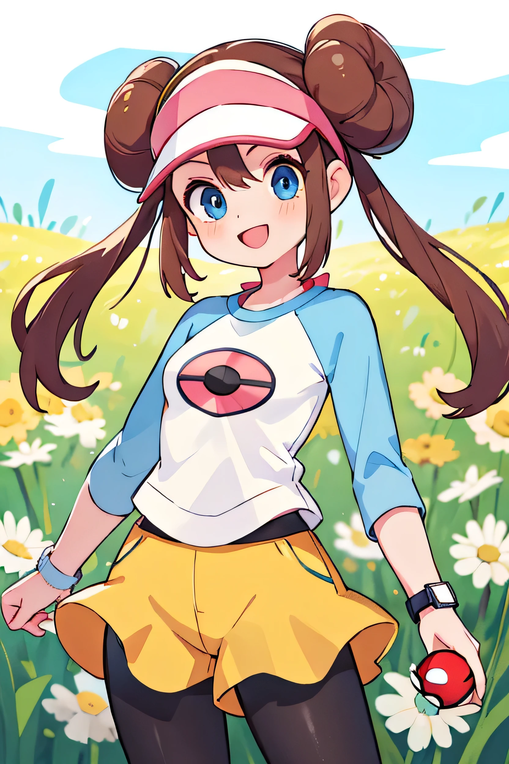 masterpiece, Highest quality, High resolution, B1, Hair Bun, blue eyes, Twin tails, Visor Cap, pantyhose, Raglan sleeves, Yellow shorts, shirt, Pink ribbon, watch, Are standing, Cowboy Shot, Field, Pokéball \(Basic\), smile