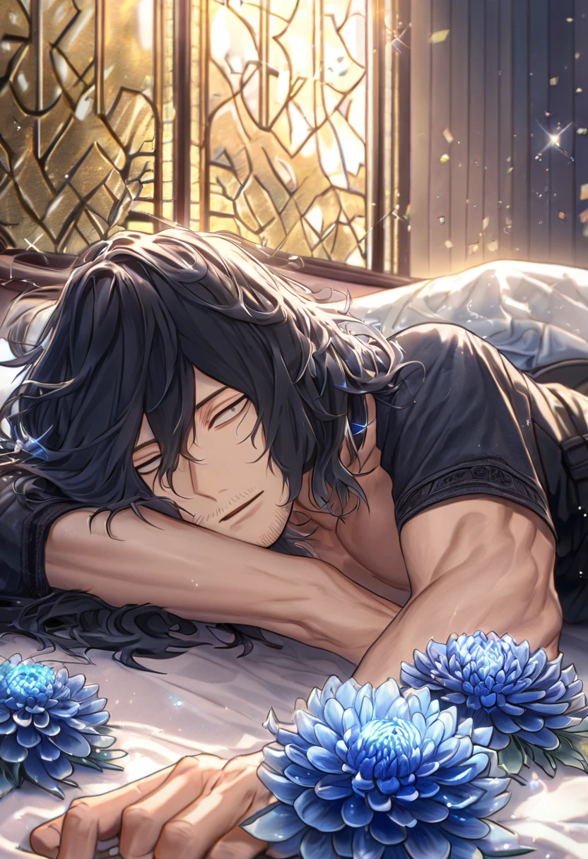 absurdres, highres, ultra detailed, HDR, master piece, best quality, extremely detailed, Eraser Head, black hair, medium hair, faint beard, expressive gray eyes, Boku No Hero Academia, solo, sexy man lying on a bed, handsome, handsome smile, bare chest, toned chest, black pants, fantasy, bed, sparkling, blue glittering fireflies, blue blossoms, blue chrysanthemums, blue sparkling lights, room