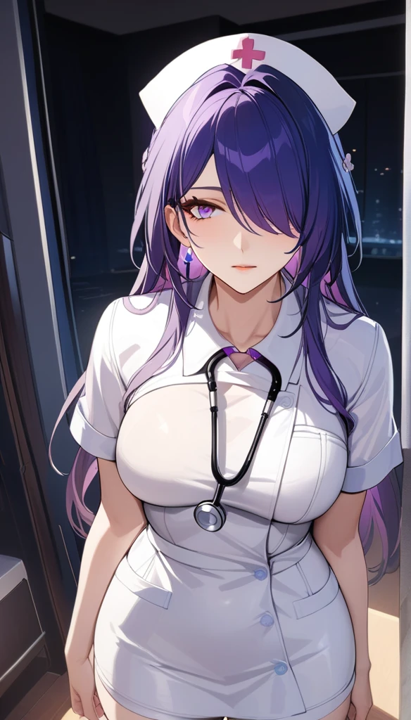 (masterpiece, top quality, best quality, official art, beautiful and aesthetic:1.2),(8k, best quality, masterpiece:1.2), (((masterpiece))),(((best quality))),(((extremely detailed))),illustration,who, (masterpiece, top quality, best quality, official art, beautiful and aesthetic:1.2),(8k, best quality, masterpiece:1.2), (Masterpiece, Best quality, best shadow), (detailed background), 1girl, One, girl, Honkai: star rail, Acheron, purple hair, long hair, shorts, one eye hidden behind hair, hair over one eye, purple eyes, nurse uniform smooth, nurse, nurse hat, stethoscope,