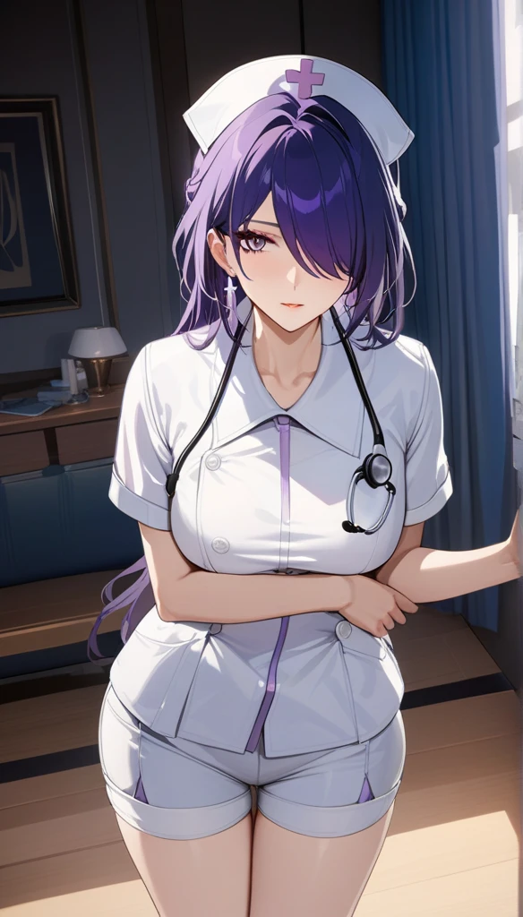 (masterpiece, top quality, best quality, official art, beautiful and aesthetic:1.2),(8k, best quality, masterpiece:1.2), (((masterpiece))),(((best quality))),(((extremely detailed))),illustration,who, (masterpiece, top quality, best quality, official art, beautiful and aesthetic:1.2),(8k, best quality, masterpiece:1.2), (Masterpiece, Best quality, best shadow), (detailed background), 1girl, One, girl, Honkai: star rail, Acheron, purple hair, long hair, shorts, one eye hidden behind hair, hair over one eye, purple eyes, nurse uniform smooth, nurse, nurse hat, stethoscope,