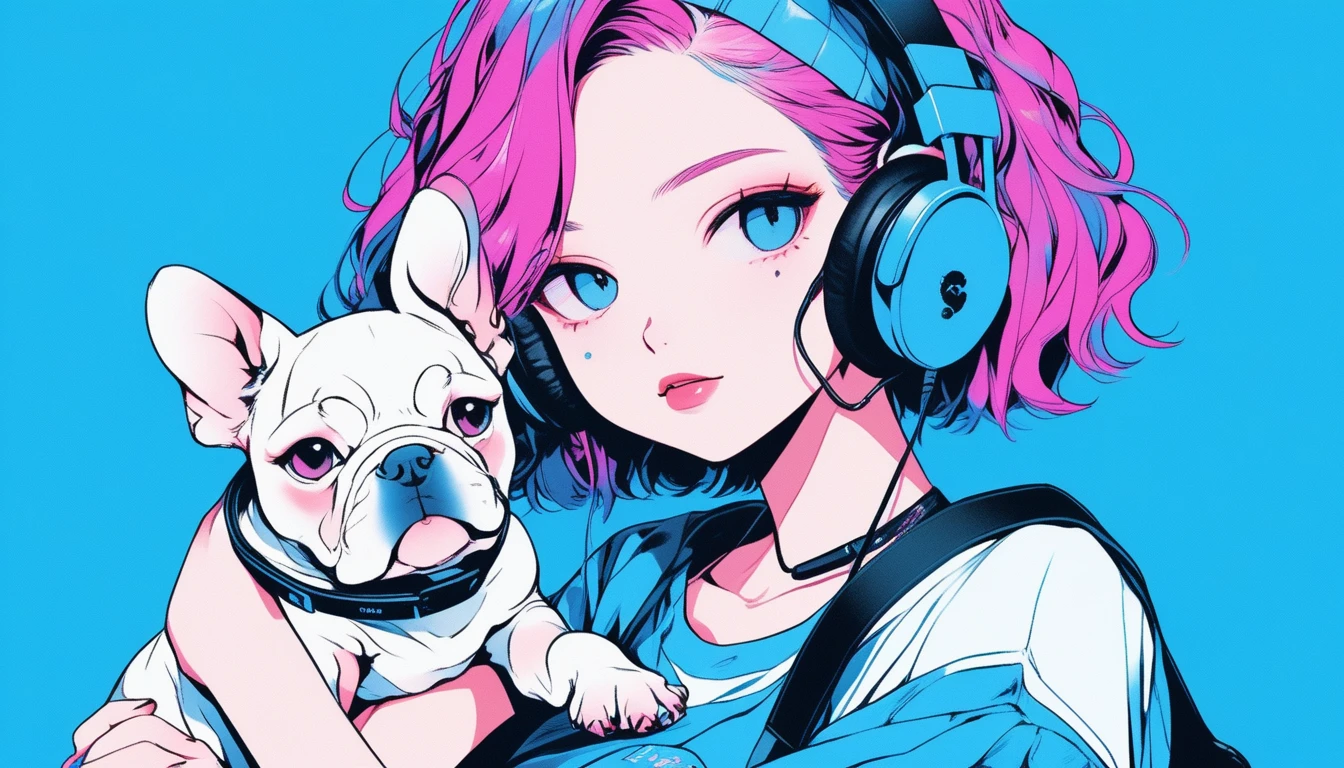 Illustrator, anime , Realistic ,sketch , A girl holding a cute bulldog puppy wearing headphones, ,lip, T-shirt,order,Textured Trim, (masterpiece,Highest quality) Blue background, Neon Hair,Textured Trim, Canadian, (masterpiece,Highest quality) Cancer,