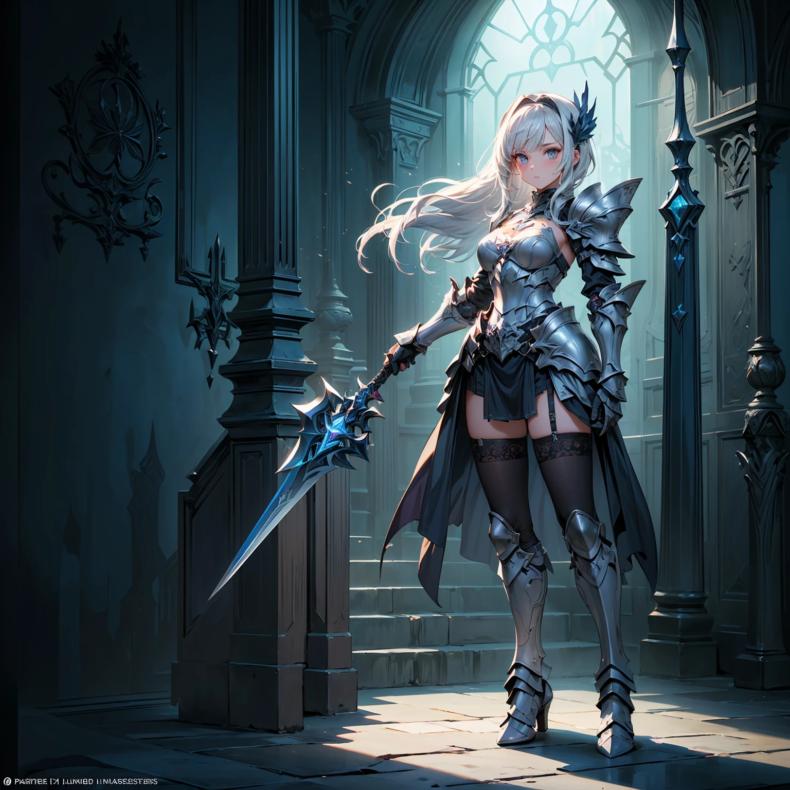 (((masterpiece, best quality, high detailed, 8k))) Design a layout showcase Gaming character, (1girl). Purple+Silver full body armor, stylish and unique. ((showcase weapon:1.4)), magical orb. (masterpiece:1.2), (best quality), 4k, ultra-detailed. (Step by step design, layout art:1.5), (luminous lighting, atmospheric lighting). sorceress, ((glove full hands)), (((revealing armor:1.3))), vambraces, armored legwear, (((full_body_shot:1.4))). {In an enchanted castle}.