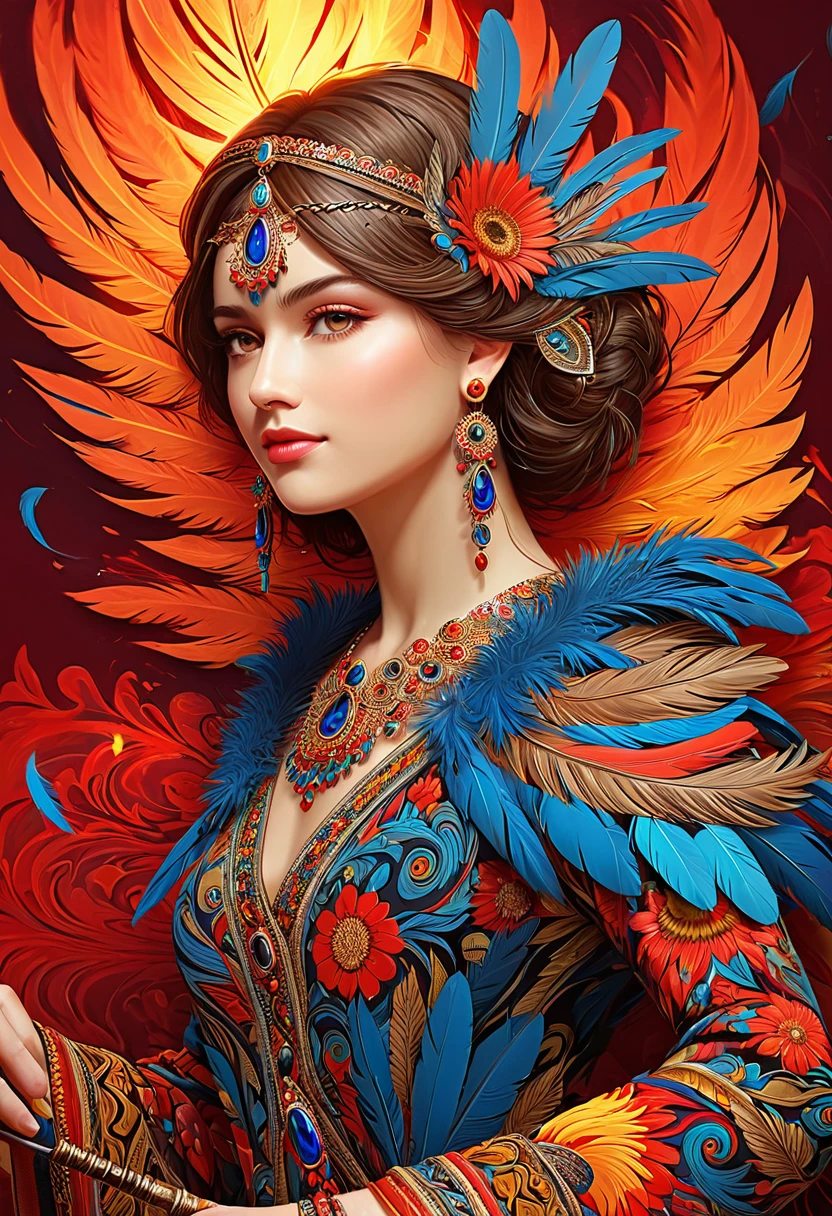 (best quality,4k,8k,highres,masterpiece:1.2),ultra-detailed, highest quality, Official Art, beautifully, aesthetic, (the most beautiful girl:1.3), Very detailed,(Fractal Art:1.1),(colorful:1.1)(Flowers:1.3),Most detailed,(Zentangle:1.2), (Dynamic pose), (Abstract background:1.3), (Shiny skin), (Many colors:1.4), (Earrings), (feather:1.5), (Flame Thrower:1.3), Red background, Phoenix dress,