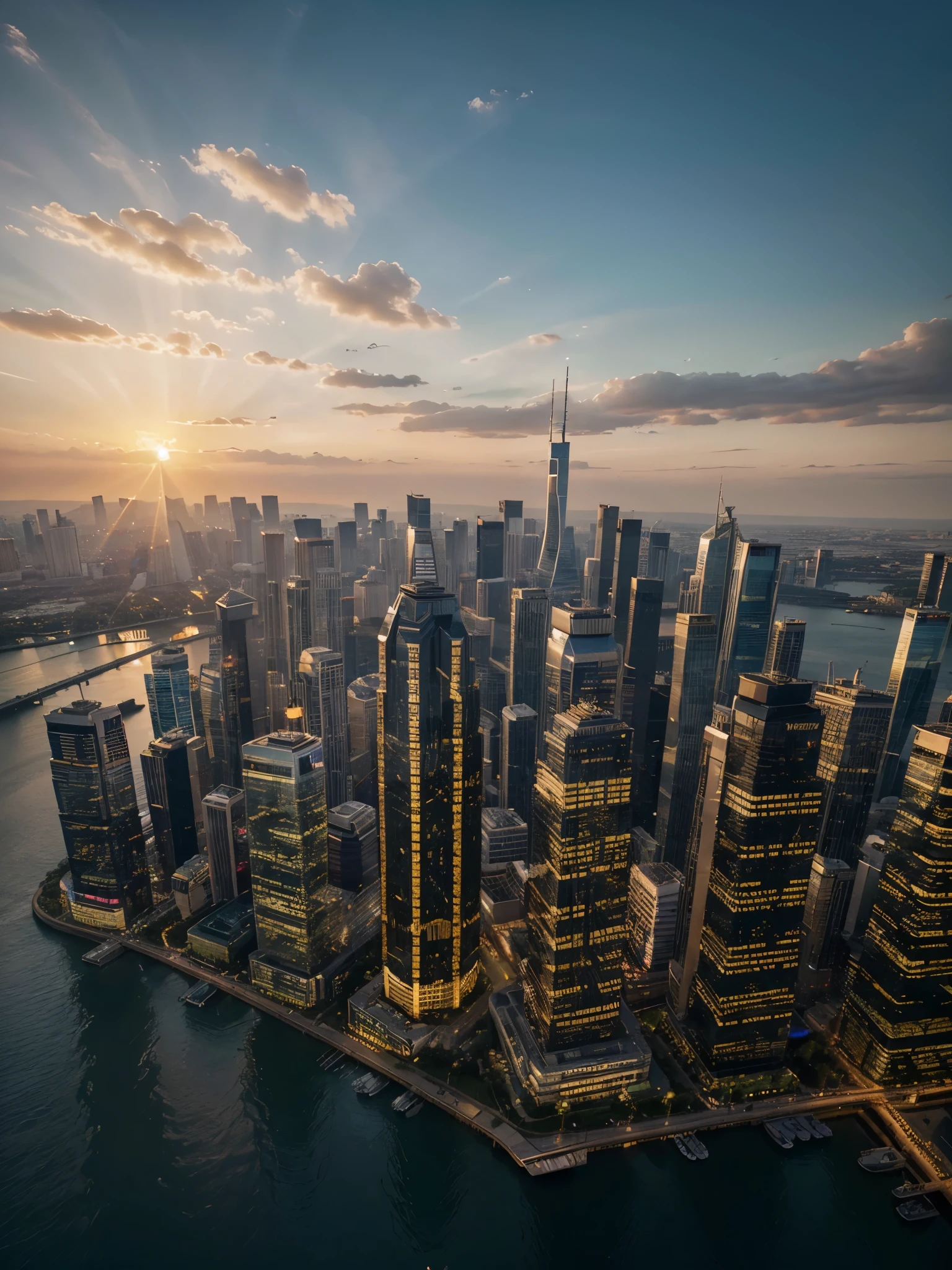 8k, RAW photo, best quality, ultra high resolution, photorealistic, realistic photo of sun setting in betwween the skyscrapers, sun set, city downtown, futuristic city, skyscrapers, bright light, high Detail, Sharp focus, (bright light)
