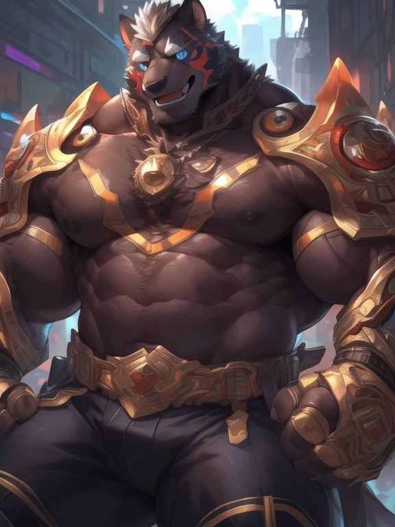 by lindong, lucusold, lanxus, a man with huge muscle,muscle god, furry doberman wearing ((daily clothes ))with((one robot arm)), ((muscular, eightpack)), marvelous smile ,look at audience, thick, lowres, cyberpunk,sexy,nsfw,giant and muscular,v-shape body,tall and big,golden ratio figure,long and thick leg, danbooru and artstation,furaffinity,X.com, heavy detailed, insanely inflated hips,strong upper body,strong lower body,proportionally arms, commission for high res, detailed but rough, semirealistic:1.3,detail face and eyes,detailed hands,realistic hands,realistic face,realistic and detailed eyes,((live and clear eyes)),by echin,by hun,by taver009