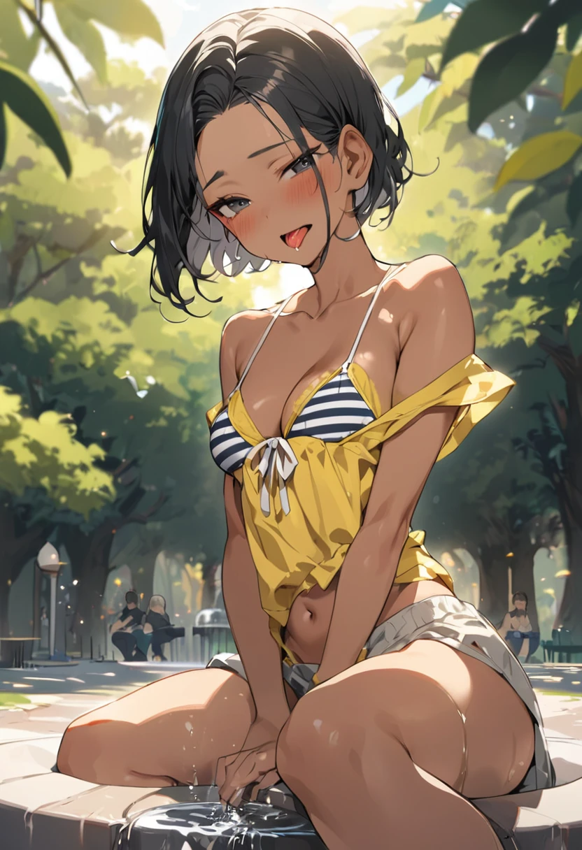 (anime style),masterpiece, best quality, extremely detailed,15Year old,tanned skin,dark skin, Beautiful body,Glamour breasts,BREAK,multicolored colorful black hair,short hair,hair slicked back,for head,BREAK,black eyes,out tongue,shy smile,open mouth,mouth on water,half closed eye,detailed lips,open legs,BREAK,cotton black big ribbon,BREAK,yellow camisole,striped_bikini,off shoulder,navel,break,head tilt,in the park,dripping,Drinking fountains,