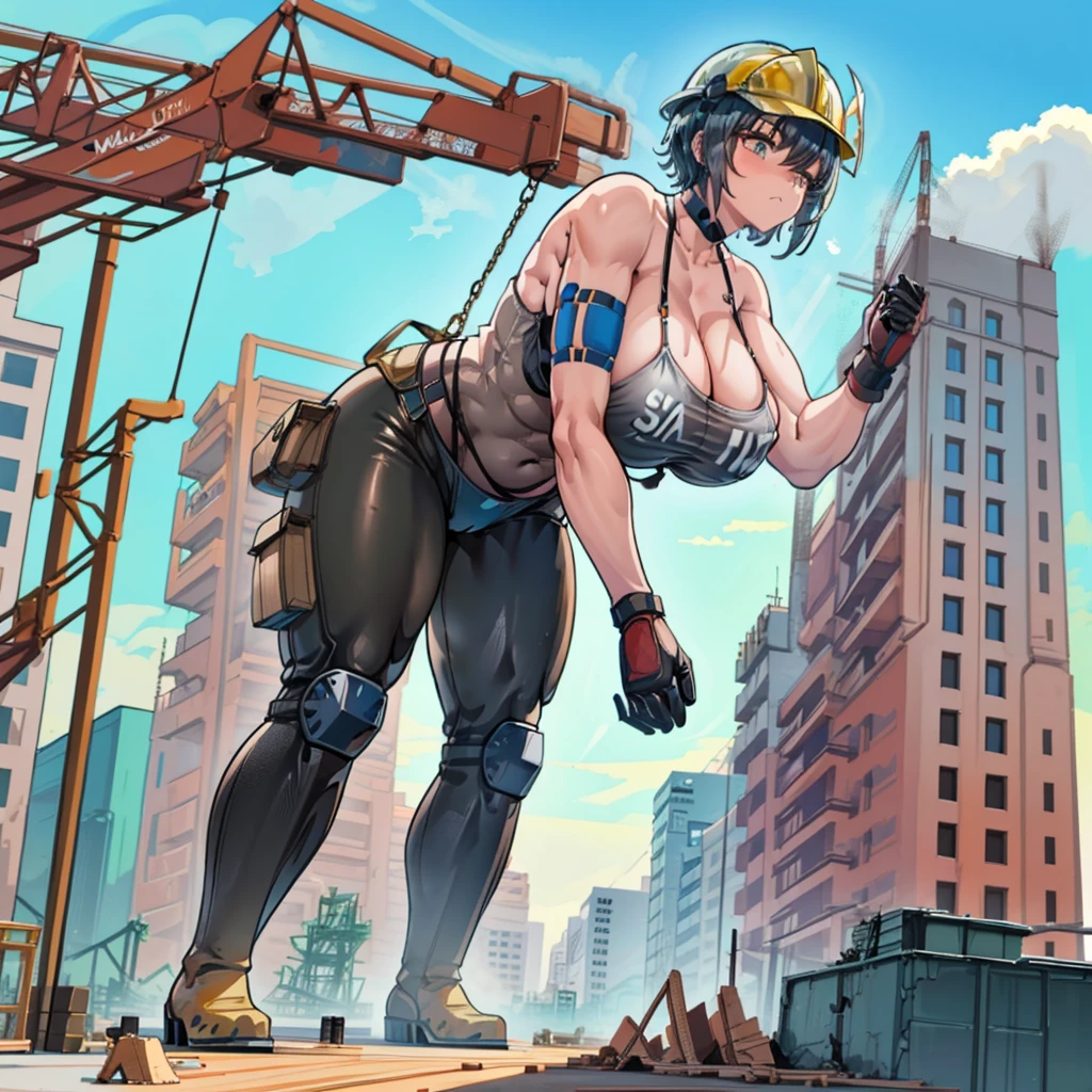 giant girl　Muscle girl　Abdominal muscles　Thick arms　　Female Giant　Metropolis　((Giant girl working at a construction site))　((construction site))　materials　wood　((((Building under construction))))　Girl in bikini swimsuit　((Black short hair))　((Safety helmet))　((Safety boots))　((Leather Handbags))　((Heavy machinery))　Truck Excavator　Rubble pile　Outdoor　masterpiece　Unreal Engine　
