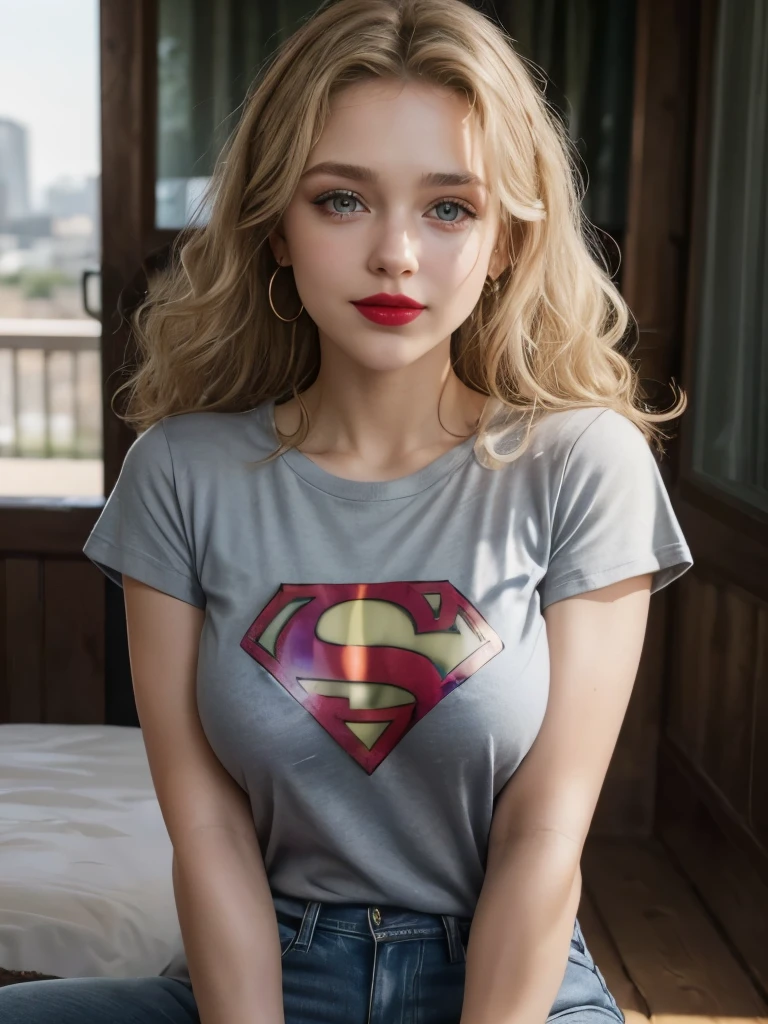 caucasian woman, blonde hair, ((curly hair)), wide, ((olive green eyes)), shiny eyes, ((highlights eyes)), ((lined eyes)), ((Red lipstick)), ((makeup)), smile, ((athletic body)), small breasts, nipples, legs, ((supergirl t-shirt)), ((gray t-shirt)), ((blue jeans)), collar, wifes, earrings, Smart watch, in town, highlight muscles with shadows, front shot.
