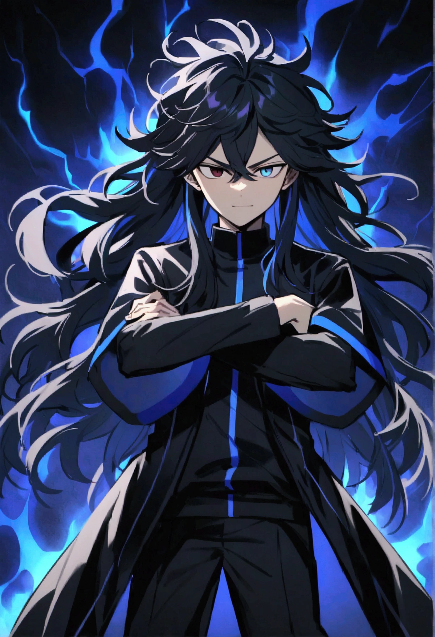 Teenage boy, Messy hair, long hair, multicolored blue and black hair, crossed arms, blue and black eyes, heterochromia, ssmile, serious face, black jersey, dark blue detailed and wide short-sleeved overcoat, detailed black pants, black sneakers, electric aura around the character
