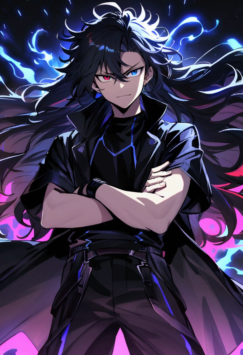 Teenage boy, Messy hair, long hair, multicolored blue and black hair, crossed arms, blue and black eyes, heterochromia, ssmile, serious face, black jersey, dark blue detailed and wide short-sleeved overcoat, detailed black pants, black sneakers, electric aura around the character