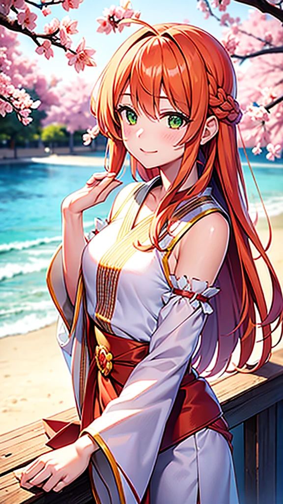 Romantic, beautiful, many details, sakura, one person, wind, tucking hair behind ear, orange hair, shoulder-length hair, green eyes, gentle smile 