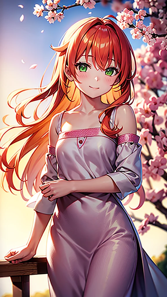 Romantic, beautiful, many details, sakura, one person, wind, tucking hair behind ear, orange hair, shoulder-length hair, green eyes, gentle smile