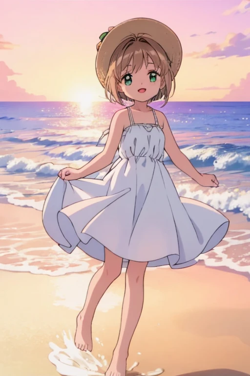 High resolution backgrounds,Beautiful background,anime, cute,Sunset on the beach,The big sun setting on the horizon,9-year-old girl,White summer dress with straps,Chestnut Hair,Short Bob Hair,barefoot,Happy expression,Green Eyes,White straw hat,Lens flare,The hem of a skirt being blown up by the wind