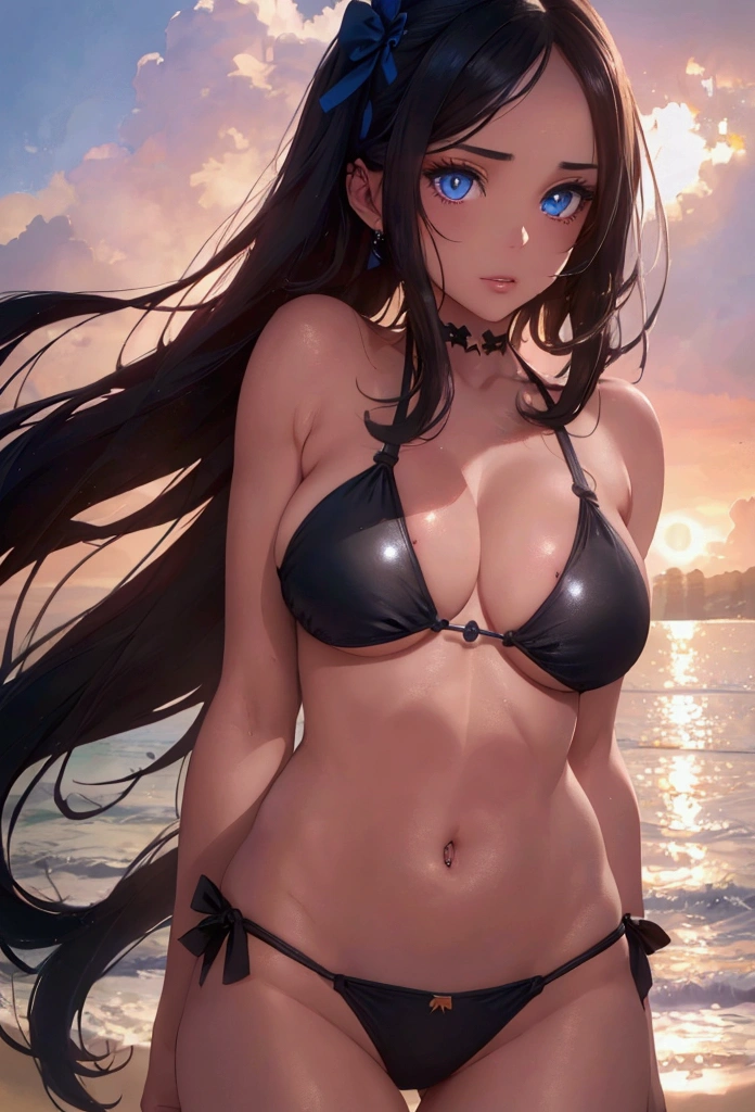 a beautiful woman with long black hair, piercing blue eyes and a mature body, looking at the camera in a sexy pose on the beach, in a bikini, with bows in her hair, highlighting her large breasts and buttocks, (best quality, 4k, 8k, high resolution, masterpiece: 1.2), ultra-detailed, (realistic, photorealistic, photorealistic: 1.37), highly detailed facial features, extremely detailed eyes and face, long eyelashes, detailed skin texture, extremely detailed bikini, lighting volumetric, dramatic lighting, vivid colors, cinematic composition, sensual, elegant, seductive