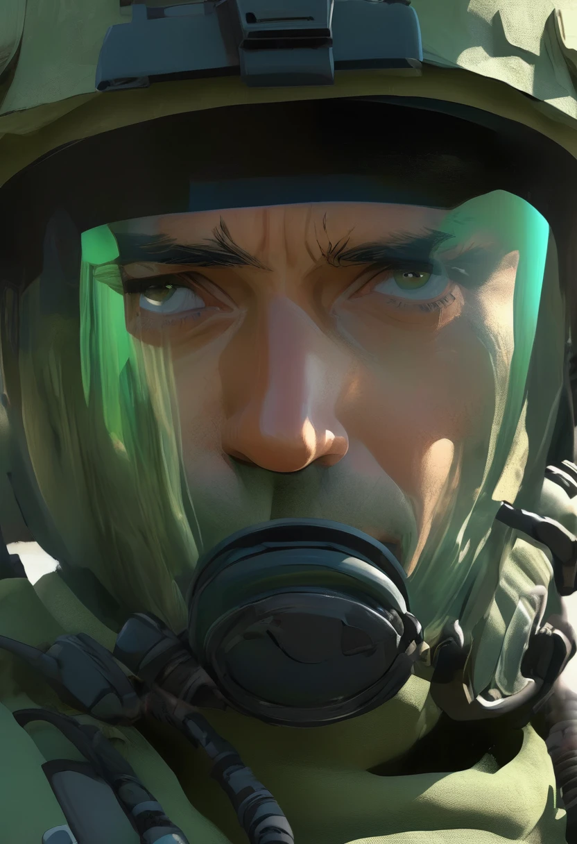close up view of a EOD, tinted visor glass, green EOD suit
