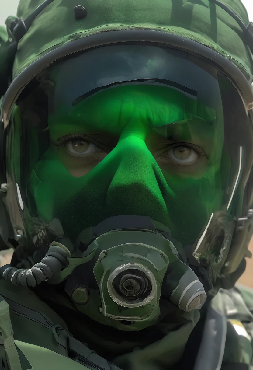 close up view of a EOD, tinted visor glass, green EOD suit