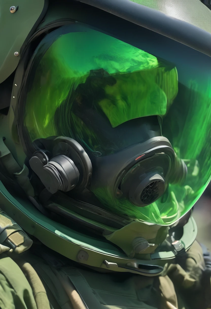 close up view of a EOD, tinted visor glass, green EOD suit