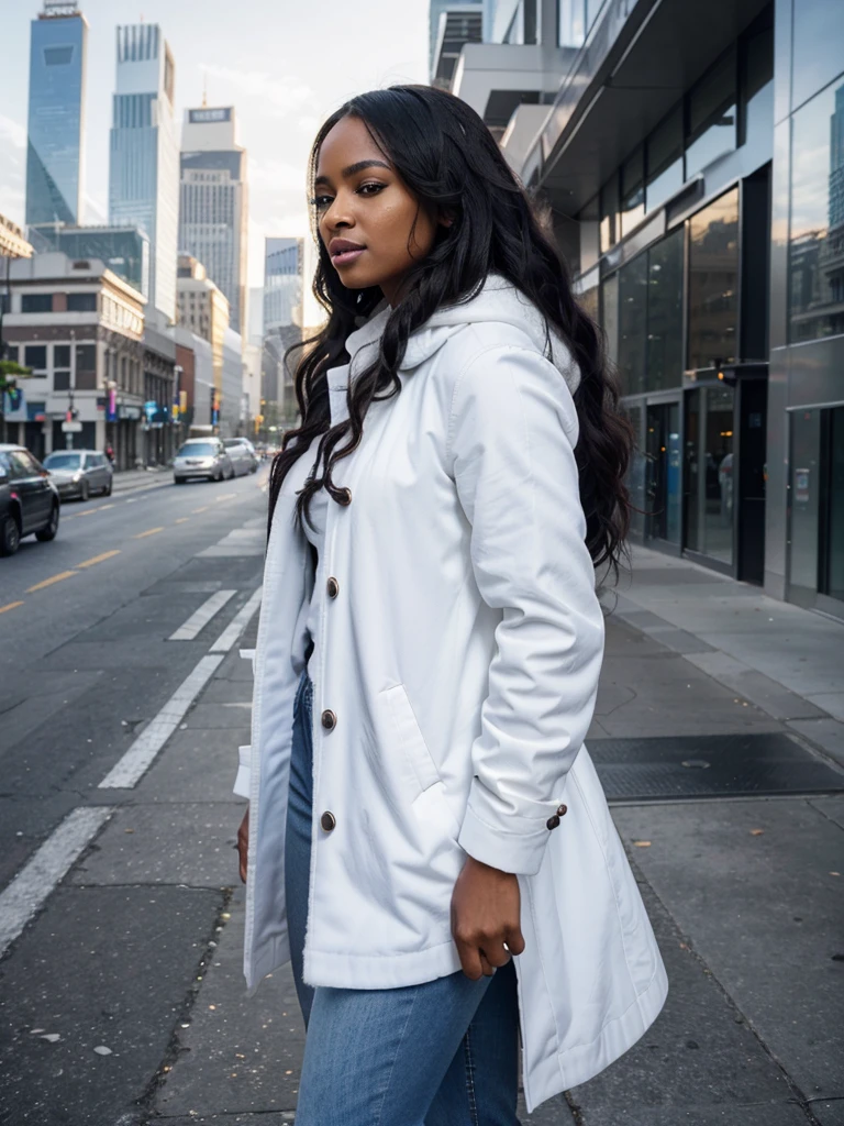 8k, RAW photo, best quality, ultra high resolution, photorealistic, realistic photo of ciara harris, (ciara harris), (slim face, dark skin, black hair, wavy hair), in the city downtown, futuristic city, skyscrapers, bright light, (photo from the side), ((seductive standing pose)), (wearing: (white overcoat), (jeans)), ((looking at viewer)), smirking, seductive, High Detail, Sharp focus, (bright light)