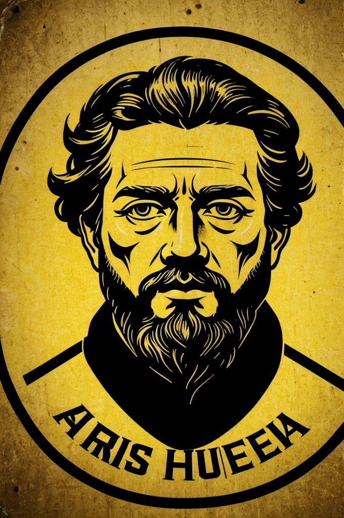 Marcus Aurelius face, logo masking style illustration, black and yellow, autoritative and stoic, round format