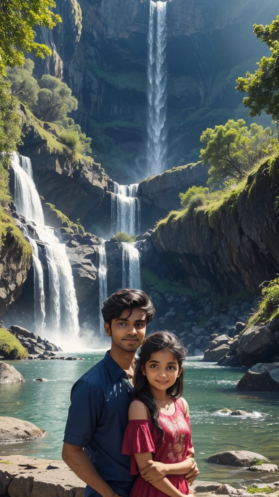 A man the name is Sagar his small sister architha, sister celebrating brother's birthday, the background is in the Nature full of waterfall 