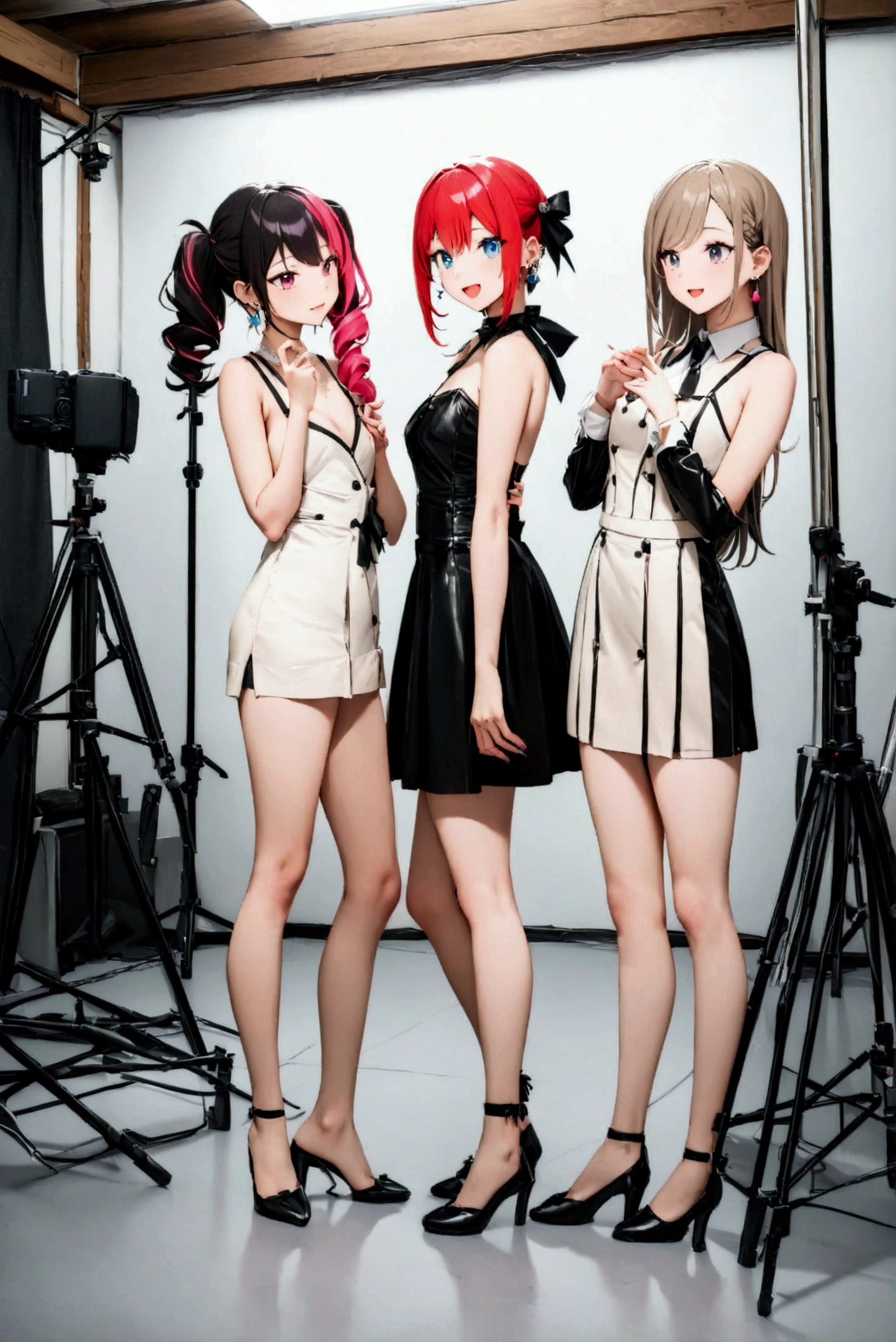 Highest quality,masterpiece,An idol group that is all about sexiness,Almost nude costume,Two-tone hair color,A good friend,Promotional photo shoot,During a break,Photo studio,chatting,Earrings