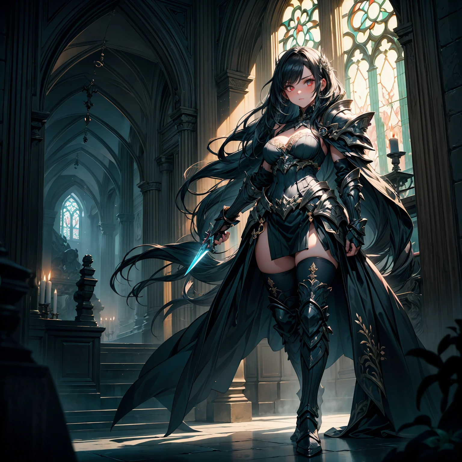 A breathtaking artwork of a female character of unimaginable beauty, set in a dark and opulent environment. The full-body view reveals an impressive figure, exuding an aura of power and mystery. She wears black and gold clothes, radiating a luxurious darkness. Her armor is detailed and characteristic, with intricate golden designs that shimmer in the dim light. Ornate shoulder pads protect her shoulders, and the armor perfectly molds to her body, accentuating her formidable presence.
Her long black hair flows like a river of darkness, contrasting with her mesmerizing scarlet eyes. Her beauty is almost supernatural, a perfect blend of grace and menace. She wields a cursed blade that seems to pulse with malevolent energy, enhancing her aura of danger.
The setting around her is a gothic and luxurious environment, with dark arches and stained glass windows that filter a supernatural light. In the background, candles flicker, casting dancing shadows on the intricately carved stone walls. It is a place that blends elegance and terror, perfectly reflecting the essence of the character.