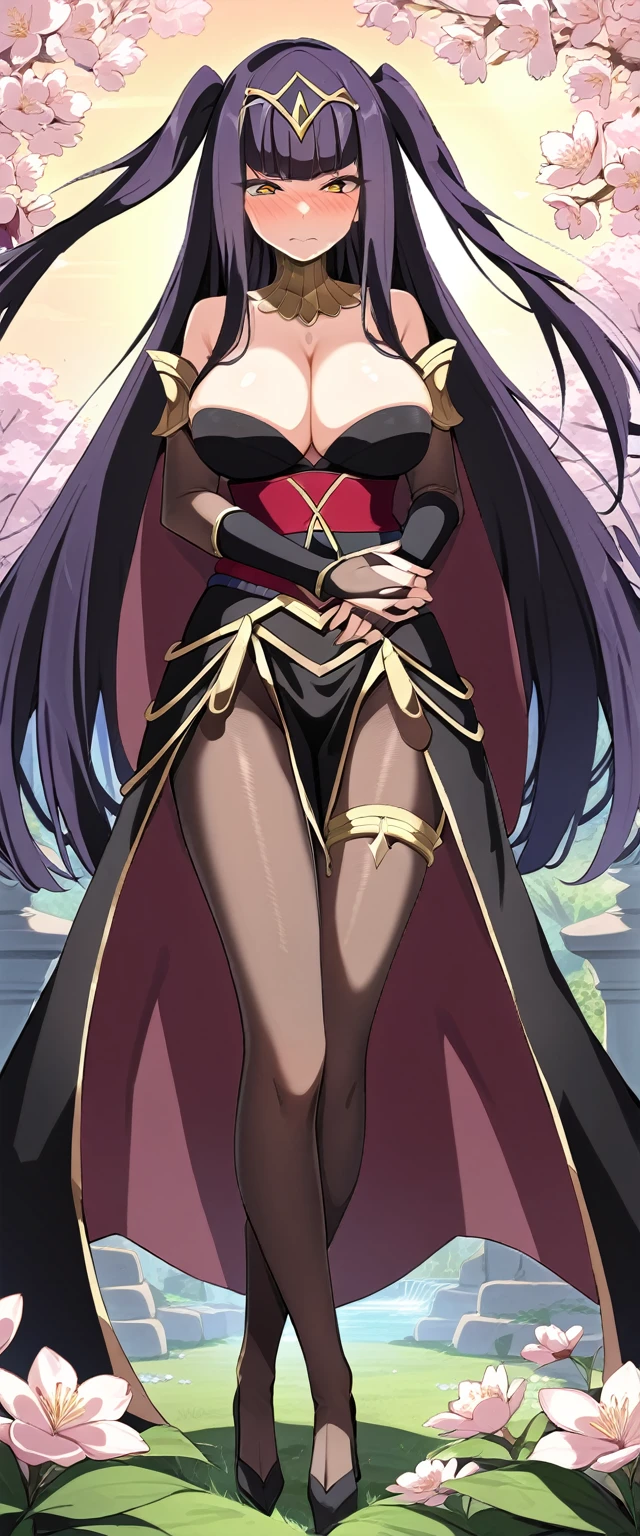 (masterpiece:1.37), best quality, (extremely detailed:1.37), (1girl:1.5), woman, (mature:1.5), (adult:1.5), Tharja \(Fire Emblem}\, two side up, tiara, cape, bodystocking, bodysuit, cleavage, bridal gauntlets, pelvic curtain, large breasts (extremely detailed eyes:1.37), (furisode:2.0), desperation, standing, embarrassed, humiliation, blushing, angry, cherry blossoms, garden, (golden hour:1.5), full body