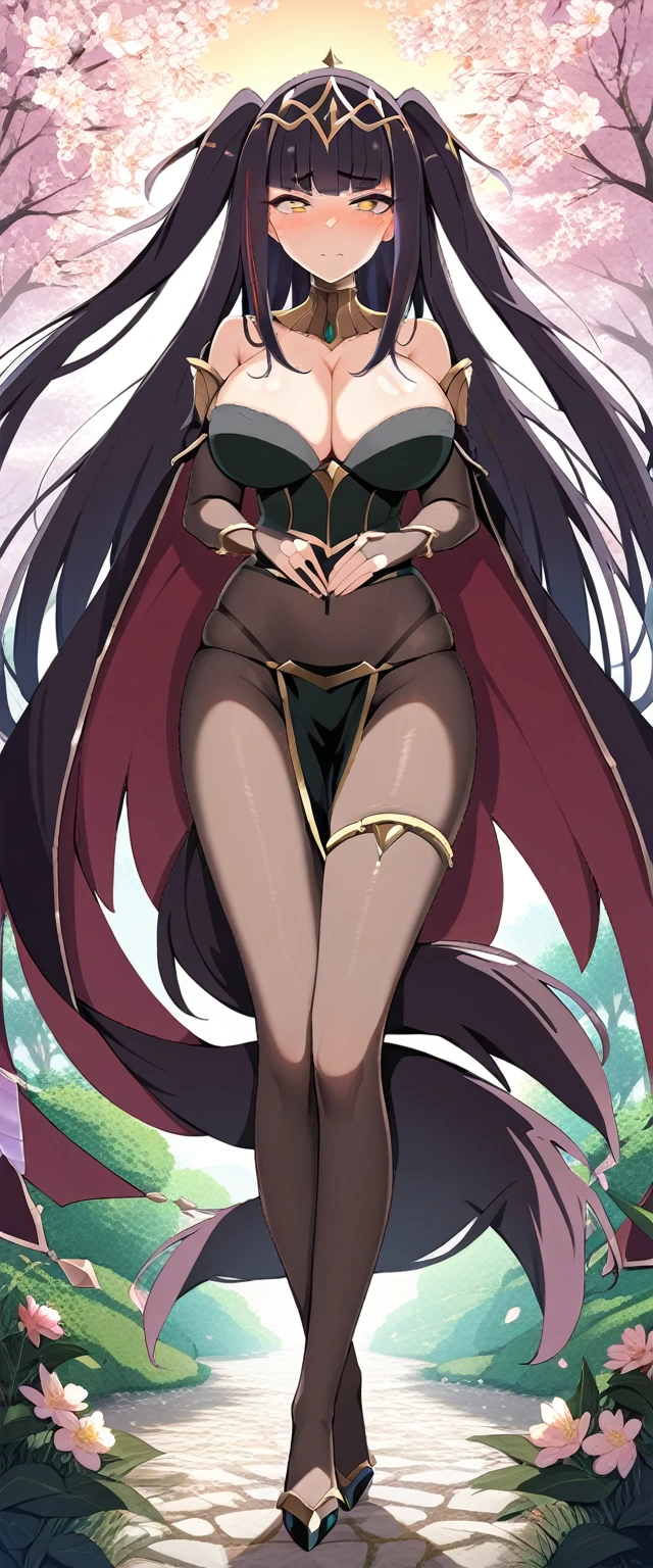 (masterpiece:1.37), best quality, (extremely detailed:1.37), (1girl:1.5), woman, (mature:1.5), (adult:1.5), Tharja \(Fire Emblem}\, two side up, tiara, cape, bodystocking, bodysuit, cleavage, bridal gauntlets, pelvic curtain, large breasts (extremely detailed eyes:1.37), (furisode:2.0), desperation, standing, embarrassed, humiliation, blushing, angry, cherry blossoms, garden, (golden hour:1.5), full body