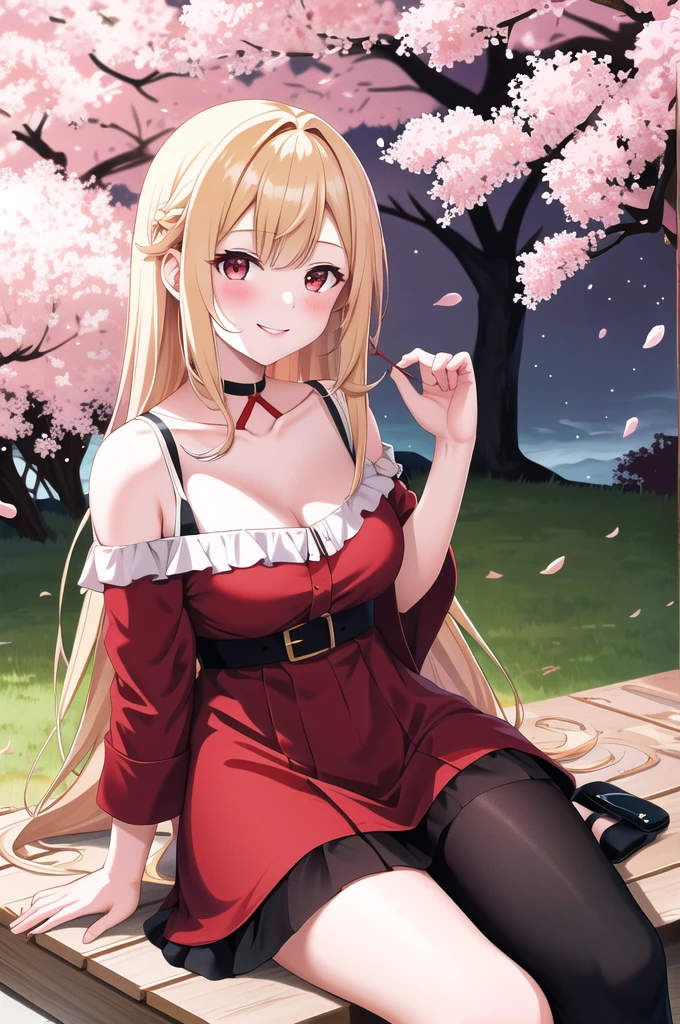 blonde, red eyes, girl alone, off-shoulder, sitting, moon and cherry blossoms on background, sexy, blush, smiling