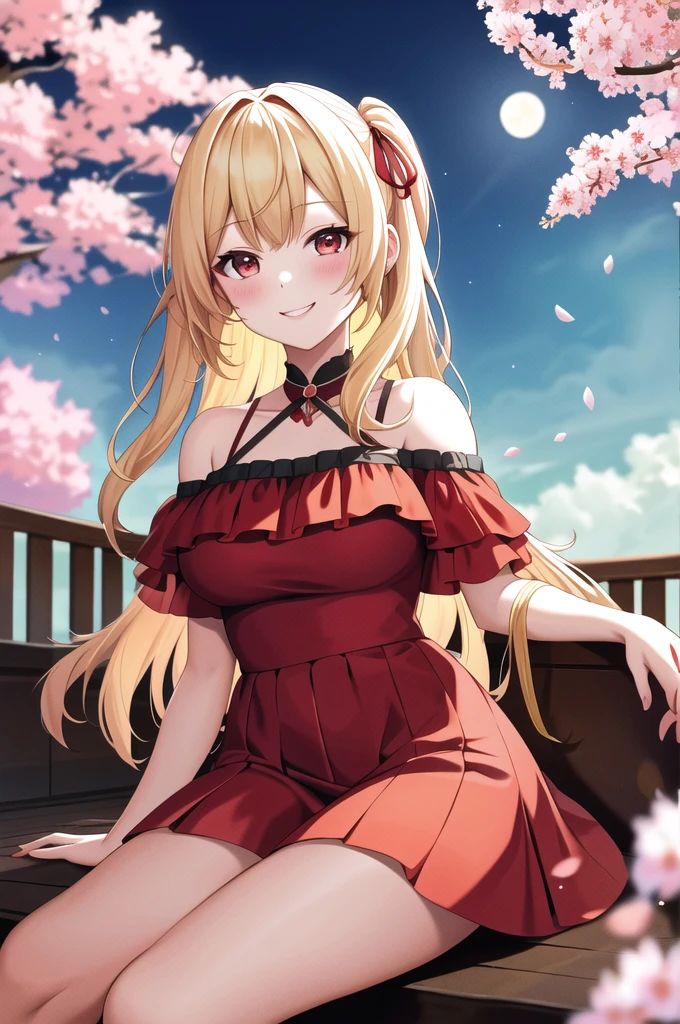 blonde, red eyes, girl alone, off-shoulder, sitting, moon and cherry blossoms on background, sexy, blush, smiling