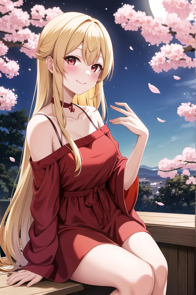 blonde, red eyes, girl alone, off-shoulder, sitting, moon and cherry blossoms on background, sexy, blush, smiling