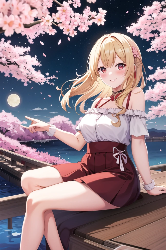 blonde, red eyes, girl alone, off-shoulder, sitting, moon and cherry blossoms on background, sexy, blush, smiling