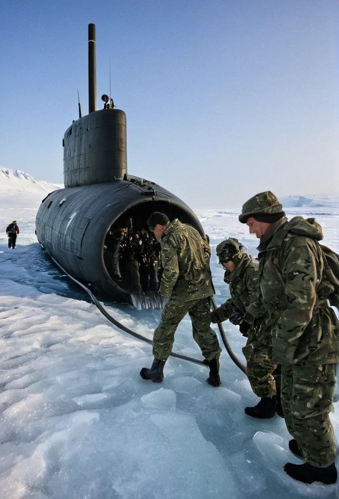 Soldiers in Arctic gear unloading equipment from a submarine onto an icy shore