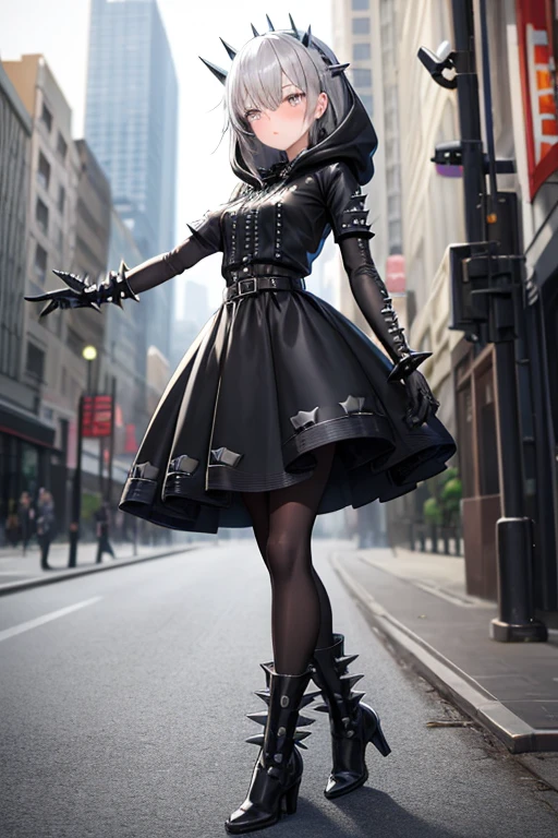 ((best quality)), ((masterpiece)), (detailed), 1 girl, Full body, 18 years old, Depressed face, Silver eyes, Arm outstretched, Gray zippered hood, Blushing, Silver hair, Spiky hair, Bangs, Strand of hair covering eye, Full body, Very tall, Small breasts, Thin body, Metal spikes, Gray wristbands, Long black gloves with spikes, Gray gothic lolita dress, Gray dress with metal spikes, Metal emblem, Somewhat tight, Black belt, Metal legs, Black pantyhose, Black boots, Walking through the city, Giant metal spikes sticking out of the street, Cracked road, City background, Anime