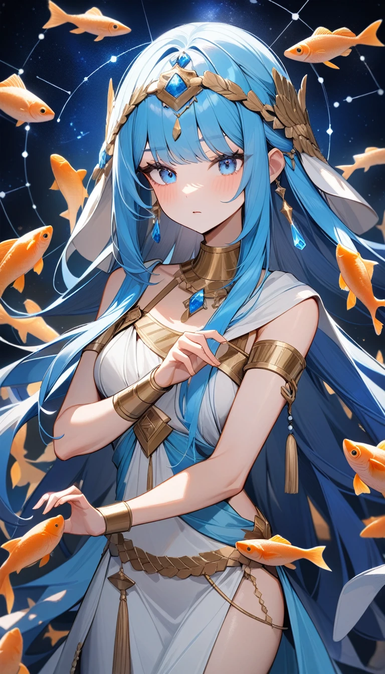 （Huang Li、high quality、Extremely detailed），Constellation-Pisces Goddess，Little fish，Woman petting a school of fish，Similar to Latin goodness，brave，capricious，Productivity，The face of enterprising and humanitarianism，Long blue hair，Ancient Greek costumes、Wrap Dress，The background is the universe，Crystal blue eyes（Eyes Details），Powerful appearance，Normal fingers