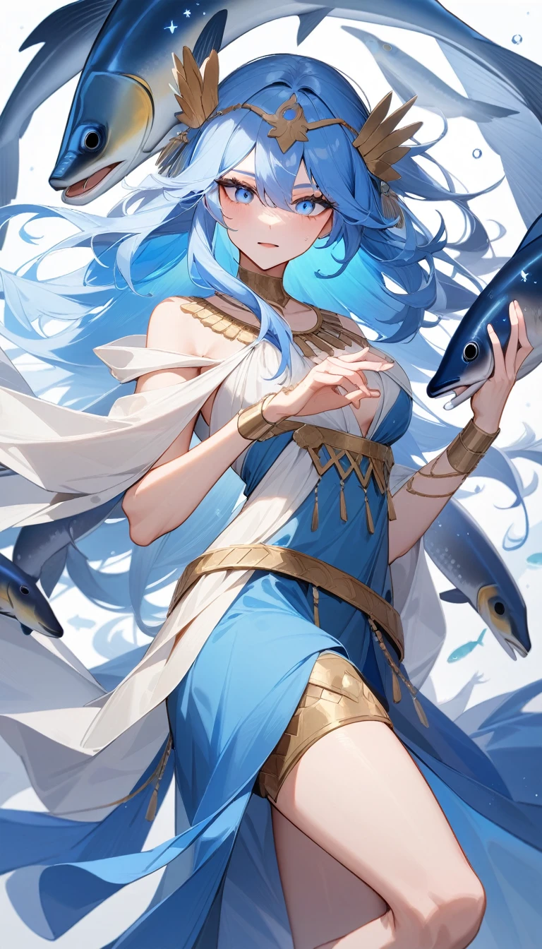 (Huang Li、high quality、Extremely detailed),Constellation-Pisces Goddess,Little fish,Woman petting a school of fish,Similar to Latin goodness,brave,capricious,Productivity,The face of enterprising and humanitarianism,Long blue hair,Ancient Greek costumes、Wrap Dress,The background is the universe,Crystal blue eyes(Eyes Details),Powerful appearance,Normal fingers