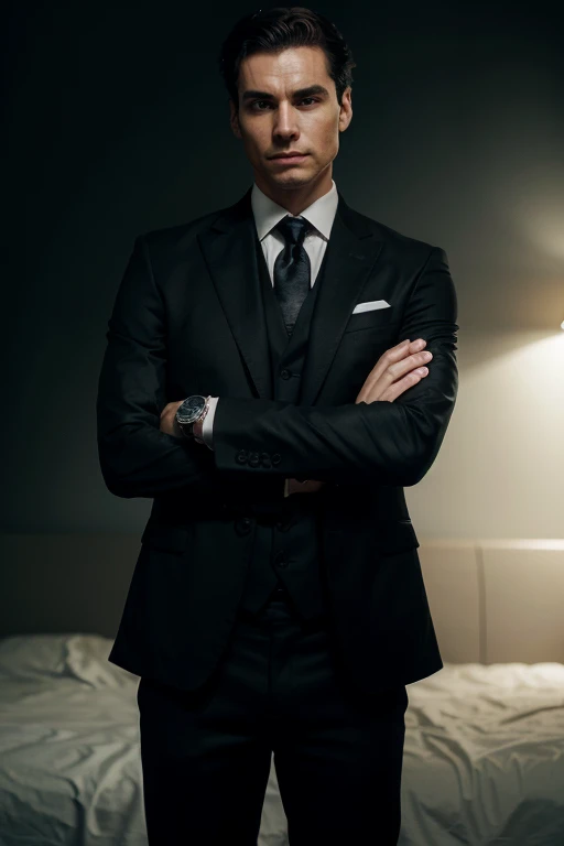 A man in a black suit whose face cannot be seen, only his body, white skin with veins marked on the arms with a rolex in one 