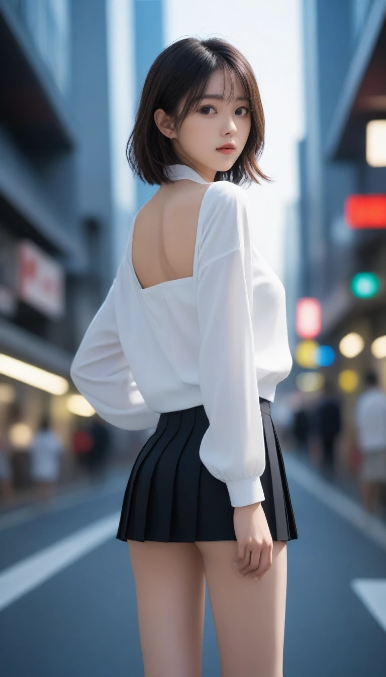 8K, Ultra-high resolution, Highest quality, masterpiece, 三分割法によるphotograph,Surreal, photograph, 1 Girl, (16 years old:1.3), pretty girl, Cute face, Beautiful eyes in every detail, 細かくdetailedに,masterpiece,One Girl:1.2, Japan Female Announcer,whole body,from below,Fearful expression,Black Hair,Messy hair,Cyber city of the near future,((Racing Queen)), (((Pleated skirt))), Shiny garments, (Black Pantyhose), (latex high heels boots), skinny、A girl alone in the middle of the road,Beautiful leg line beauty,Realistic Skin, Perfect and beautiful face ,完璧でCute face, Skin with attention to detail, Perfect limbs、Narrow waist、Thin legs),Looking at the audience、beauty,Long neck、(((Ideal body type))),A cup small breasts :2,Portraiture:2,Perfect Anatomy,鮮明なdetailed,detailed,Surreal,Light and shadow,darkness
