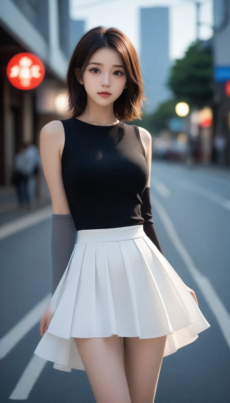 8K, Ultra-high resolution, Highest quality, masterpiece, 三分割法によるphotograph,Surreal, photograph, 1 Girl, (:1.3), pretty girl, Cute face, Beautiful eyes in every detail, 細かくdetailedに,masterpiece,One Girl:1.2, Japan Female Announcer,whole body,from below,Fearful expression,Black Hair,Messy hair,Cyber city of the near future,((Racing Queen)), (((Pleated skirt))), Shiny garments, (Black Pantyhose), (latex high heels boots), skinny、A girl alone in the middle of the road,Beautiful leg line beauty,Realistic Skin, Perfect and beautiful face ,完璧でCute face, Skin with attention to detail, Perfect limbs、Narrow waist、Thin legs),Looking at the audience、beauty,Long neck、(((Ideal body type))),A cup small breasts :2,Portraiture:2,Perfect Anatomy,鮮明なdetailed,detailed,Surreal,Light and shadow,darkness