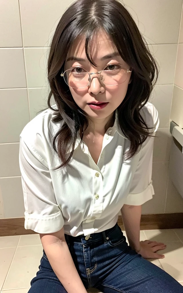 ((Best Quality, 8k, Masterpiece: 1.3)), Photorealistic, Sharp Focus, High Quality, High Definition, ((look down)), Portrait, Solo, Japanese Milf, Beauty, glasses, ((Open legs Wide)), 40 years old, Plump, Wavy hair, Wetty White Shirt, Wrinkles at the corners of the eyes, Toilet, Plumbing, Tile, (open mouth:1.1),